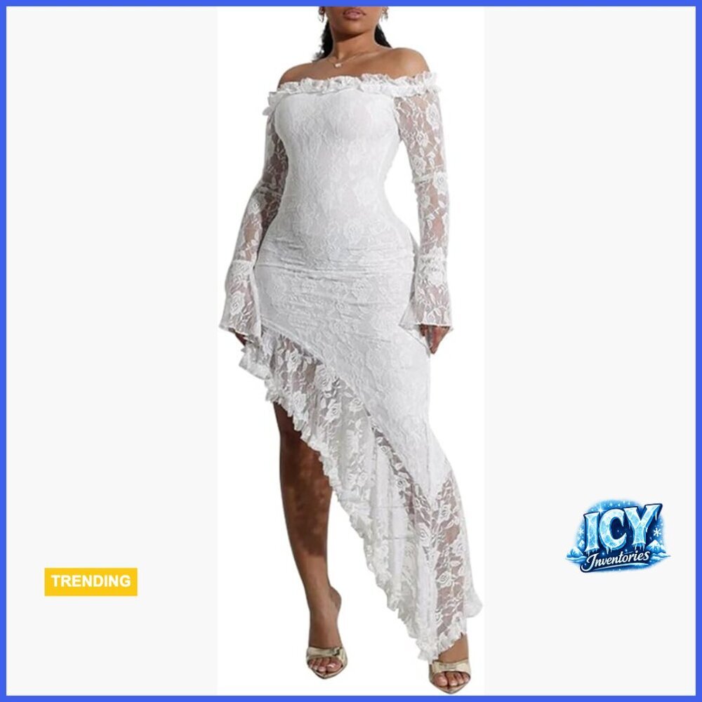 Off Shoulder Lace Mesh Bodycon Dress with Ruffles High-Low Hem